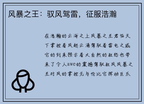 风暴之王：驭风驾雷，征服浩瀚